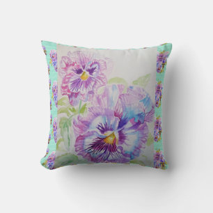 Pretty Pansy Watercolour Painting Aqua Cushion