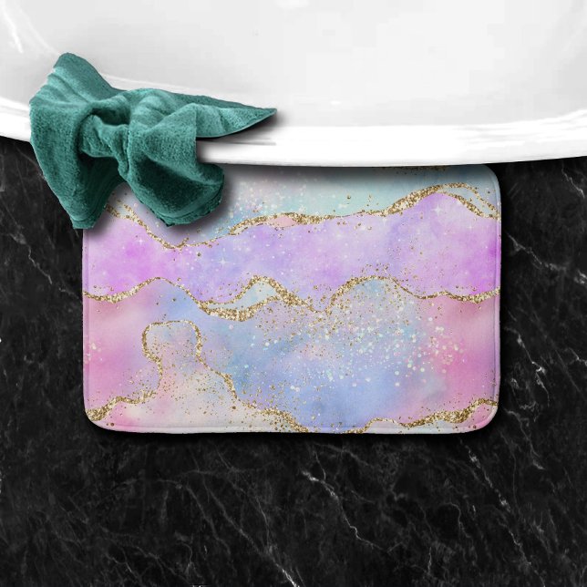 Pretty Pastel Agate | Gold Glitter Vein Watercolor Bath Mat (Creator Uploaded)