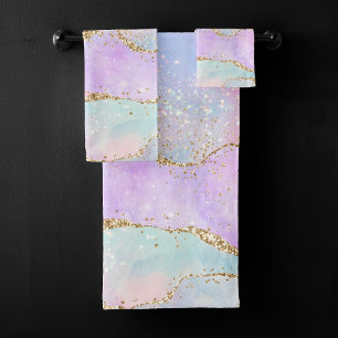 Pretty Pastel Agate   Gold Glitter Vein Watercolor Bath Towel Set