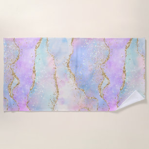 Pretty Pastel Agate   Gold Glitter Vein Watercolor Beach Towel