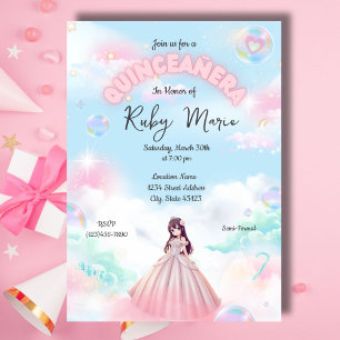 Pretty Pastel Anime Girl Quinceanera Invitation
