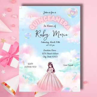 Pretty Pastel Anime Girl Quinceanera Invitation