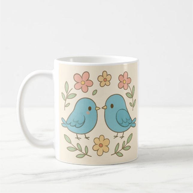 Pretty pastel bird print mug (Left)