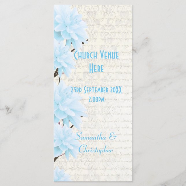 Pretty pastel blue floral church wedding program (Front)