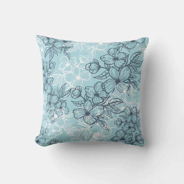 Pretty Pastel Blue Floral Line Drawing Pattern Cushion (Front)
