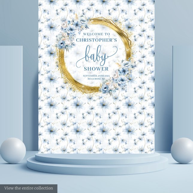 Pretty pastel blue flowers gold baby shower banner tapestry (Pretty pastel blue flowers gold baby shower banner Tapestry)