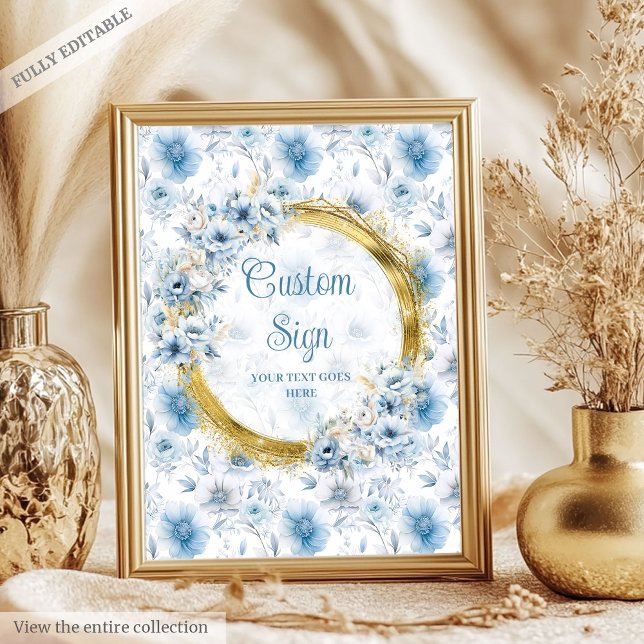 Pretty pastel blue watercolor flowers gold custom  poster (Pretty pastel blue watercolor flowers gold custom Poster)