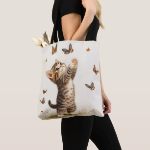 PRETTY PASTEL BROWN TABBY KITTEN WITH BUTTERFLIES TOTE BAG