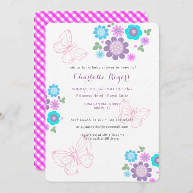 Pretty Pastel Butterflies Floral Posy Baby Shower Invitation (Front/Back)