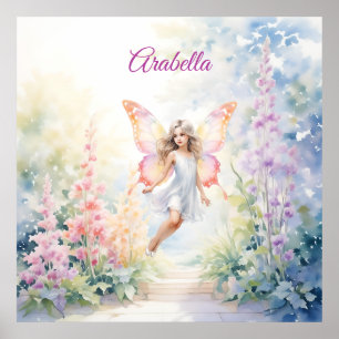 Pretty Pastel Butterfly Fairy in Flower Garden Poster