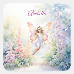 Pretty Pastel Butterfly Fairy in Flower Garden Square Sticker