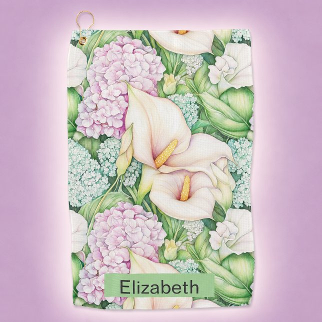 Pretty Pastel Calla Lily Personalised Golf Towel (Pretty pastel calla lily flowers personalized golf towel for women)