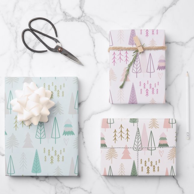 Pretty Pastel Christmas Trees Modern Christmas Wrapping Paper Sheet (Front)