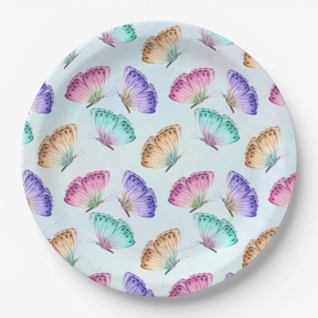 Pretty Pastel Colours Watercolor Butterfly Pattern Paper Plate (Front)