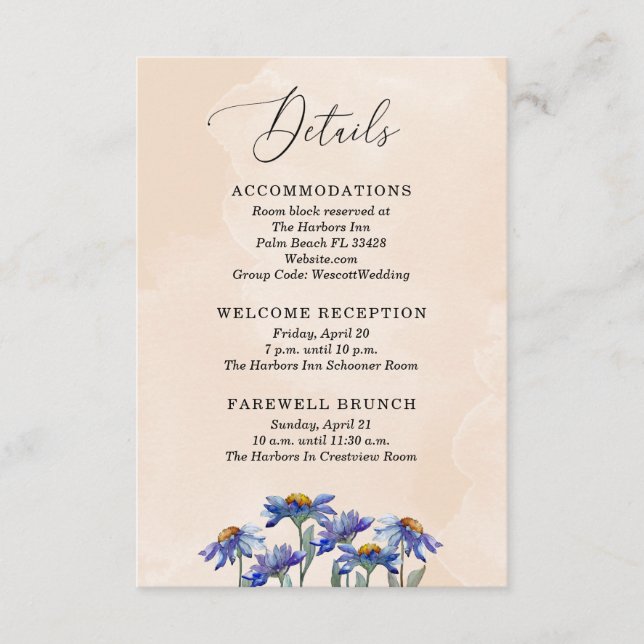 Pretty Pastel Coral Purple Daisies Wedding Details Enclosure Card (Front)