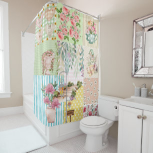 Pretty pastel floral and mix pattern muticolor shower curtain