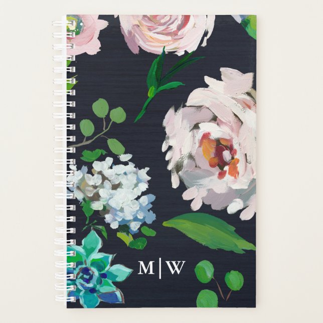 Pretty Pastel Floral Blooms on Black with Monogram Planner (Front)