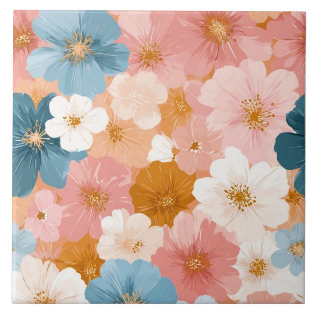 Pretty Pastel Floral Pattern Ceramic Tile (Front)