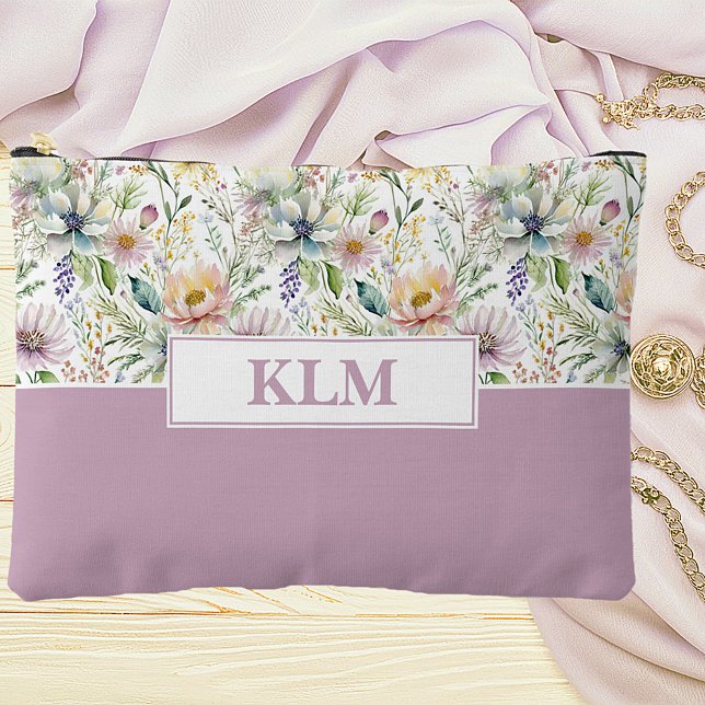 Pretty pastel floral pattern monogram accessory pouch (Creator Uploaded)