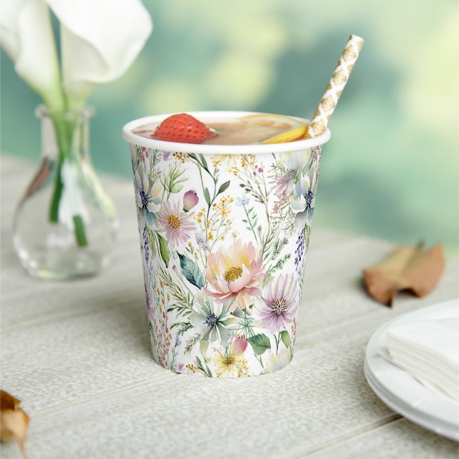 Pretty pastel floral pattern paper cups (Insitu)