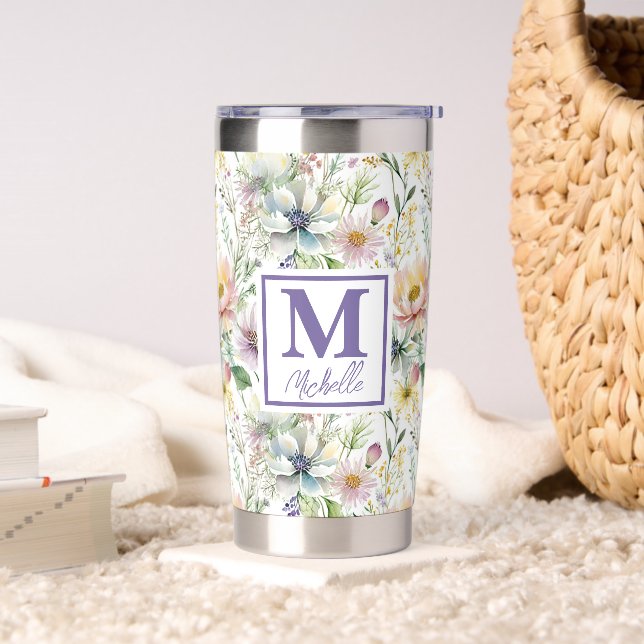 Pretty pastel floral pattern personalised insulated tumbler (Living Room)