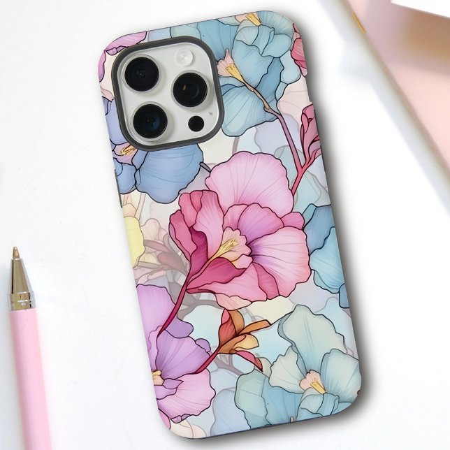 Pretty Pastel Floral Stained Glass Pink & Blue iPhone Case (Creator Uploaded)