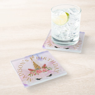Pretty Pastel Floral Unicorn Birthday Party Favor  Glass Coaster