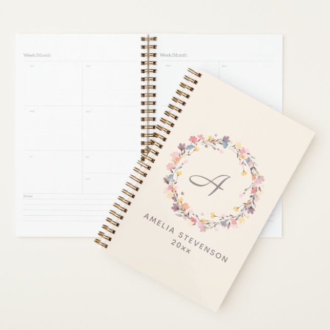 Pretty Pastel Floral Wreath Monogram Personalised Planner (Display)