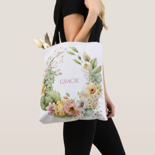 Pretty Pastel Floral Wreath Name Tote Bag