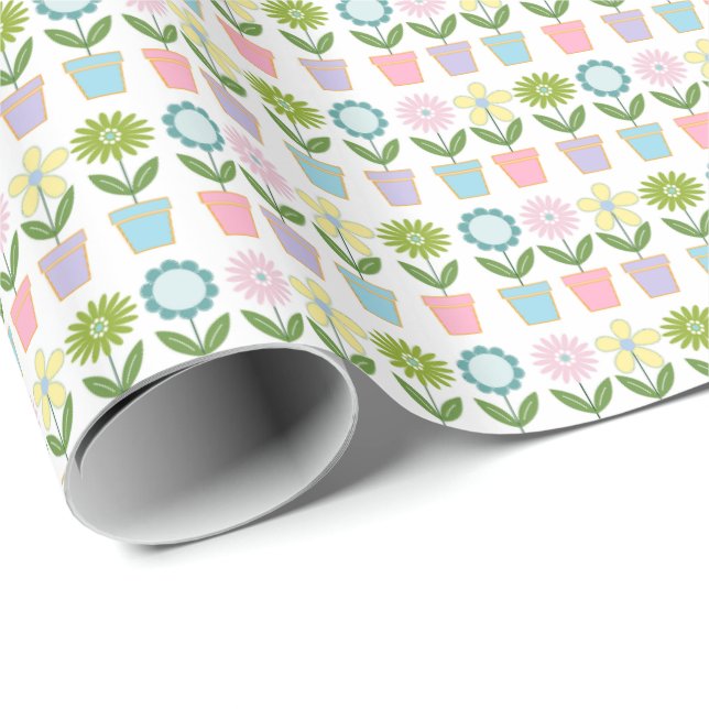 Pretty Pastel Flower Pots Pattern Wrapping Paper (Roll Corner)