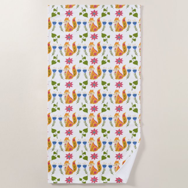 Pretty Pastel Foxy Floral Pattern Beach Towel (Front)
