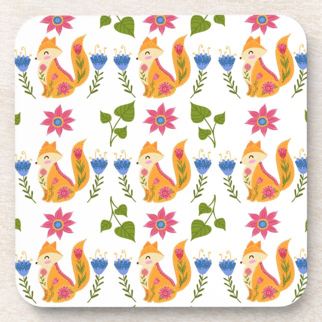 Pretty Pastel Foxy Floral Pattern Coaster (Front)