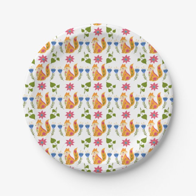Pretty Pastel Foxy Floral Pattern Paper Plate (Front)