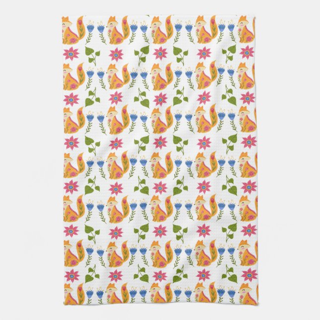 Pretty Pastel Foxy Floral Pattern Tea Towel (Vertical)