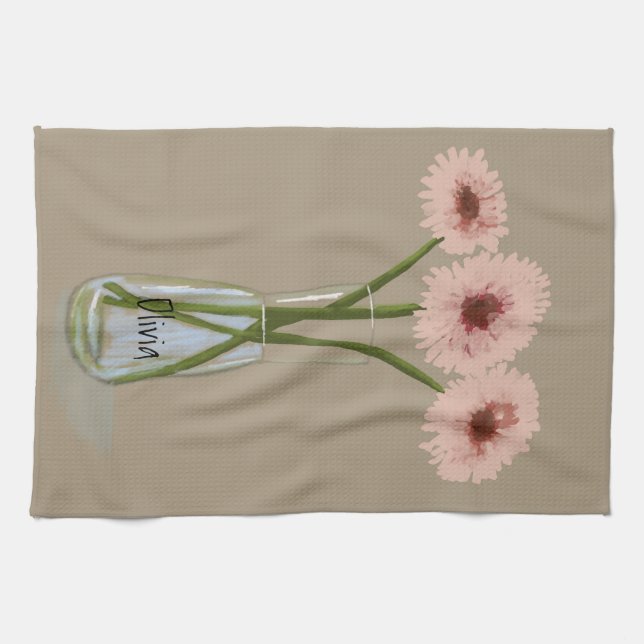 Pretty Pastel  Gerbera Flower  +Custom Name Tea Towel (Horizontal)