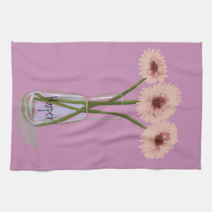 Pretty Pastel Gerbera Flower +Custom Name Tea Towel