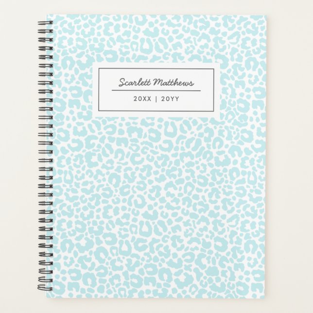Pretty Pastel Leopard Pattern Print Name Blue Planner (Front)