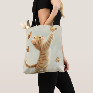 PRETTY PASTEL ORANGE TABBY KITTEN WITH BUTTERFLIES TOTE BAG