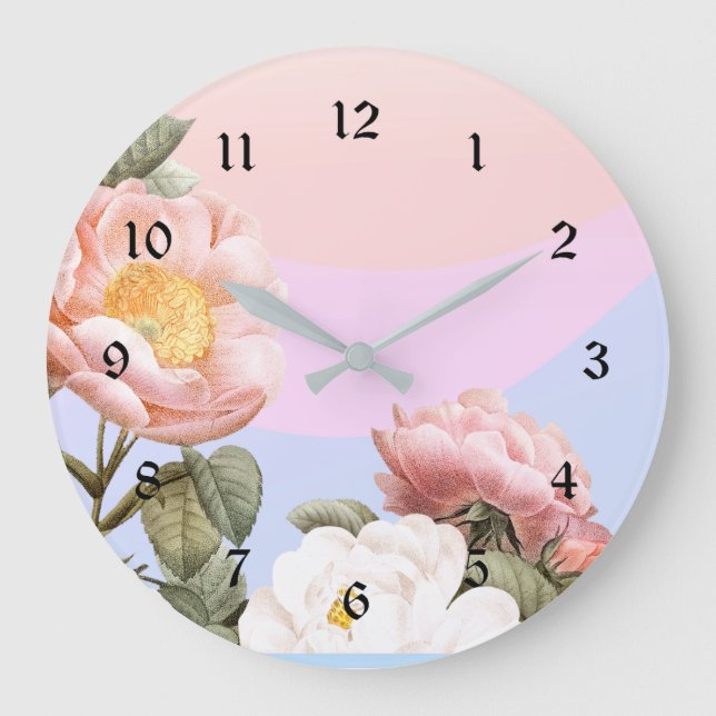 Pretty pastel pink and white roses large clock (Front)