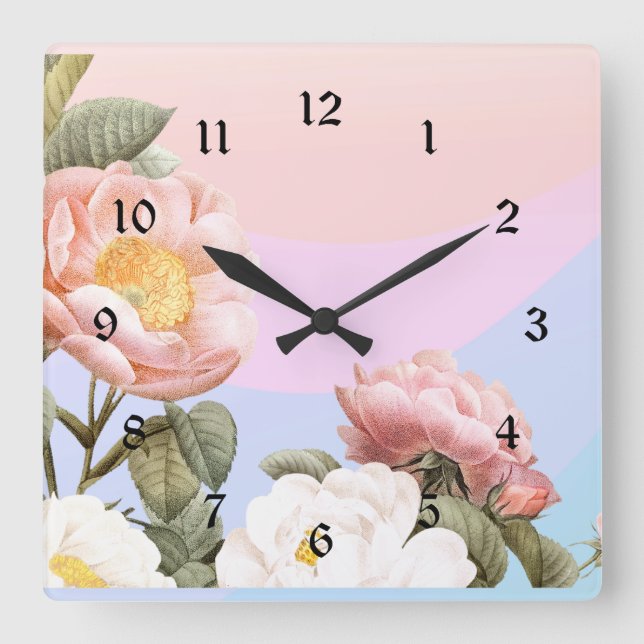 Pretty pastel pink and white roses square wall clock (Front)