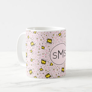 Pretty Pastel Pink Crown Doodle Pattern Monogram Coffee Mug
