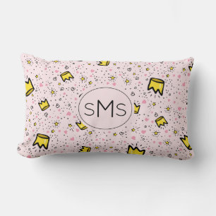 Pretty Pastel Pink Crown Doodle Pattern Monogram Lumbar Cushion
