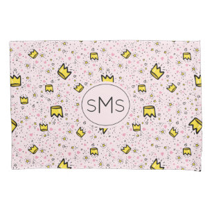 Pretty Pastel Pink Crown Doodle Pattern Monogram Pillowcase