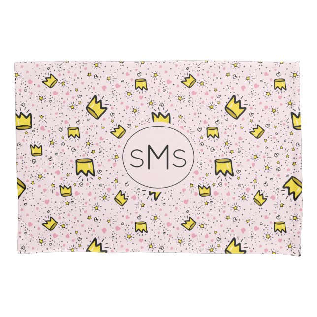 Pretty Pastel Pink Crown Doodle Pattern Monogram Pillowcase (Front)