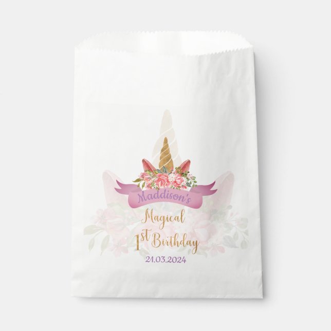 Pretty Pastel Pink Floral Unicorn Birthday Party Favour Bag