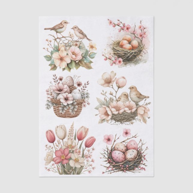 Pretty Pastel Pink Flowers, Birds, Nests and Eggs Tissue Paper (Front)