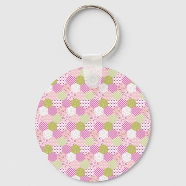 Pretty Pastel Pink Green Patchwork Quilt Design Key Ring (Front)