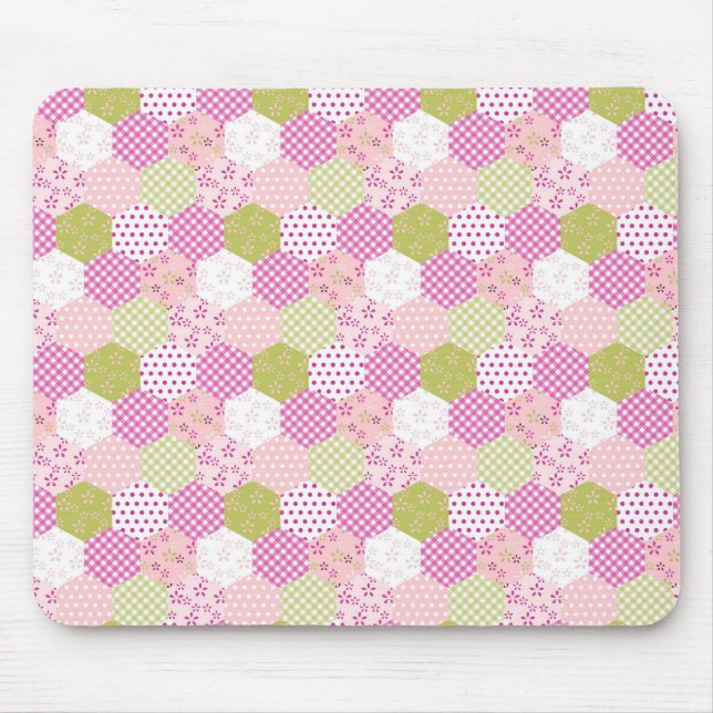 Pretty Pastel Pink Green Patchwork Quilt Design Mouse Pad (Front)