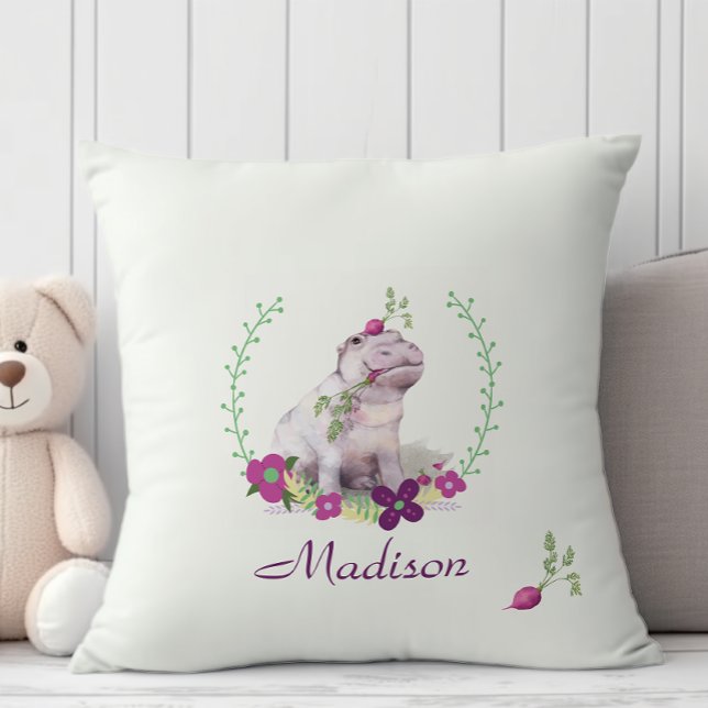 Pretty pastel pink purple floral girly baby hippo cushion (Creator Uploaded)