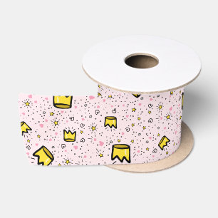 Pretty Pastel Pink Whimsical Crown Doodle Pattern Satin Ribbon
